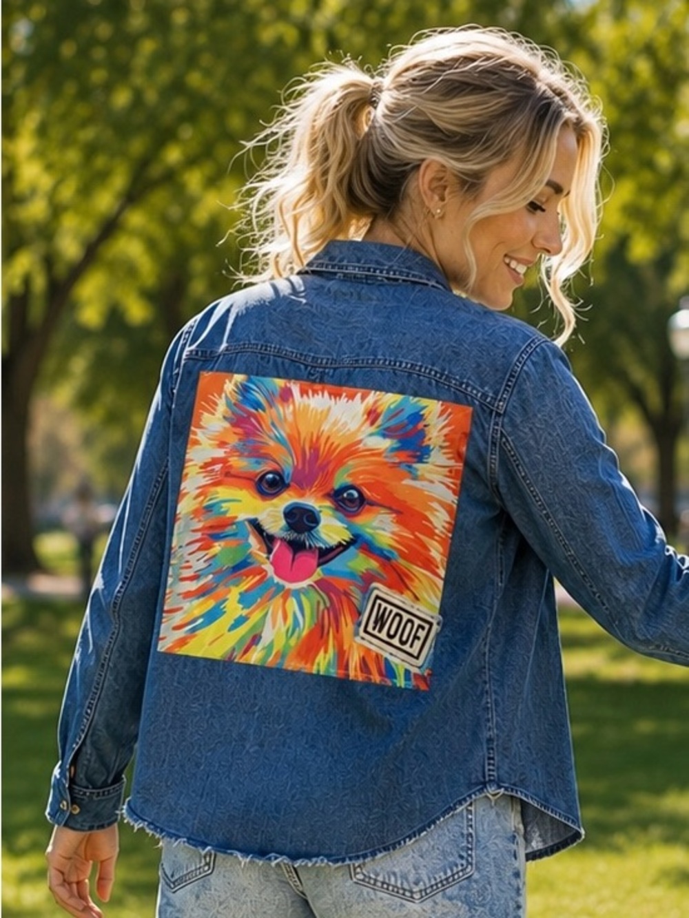 Upcycled Pomeranian Denim Shirt - “Dog Mom” and “Woof” Patches. Medium.